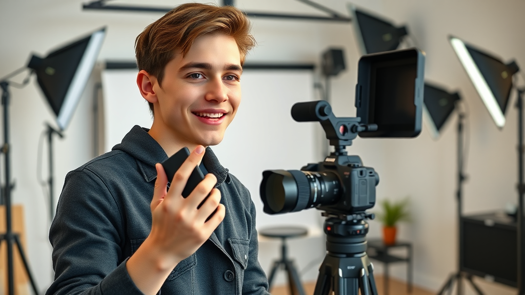 affiliate marketing for beginners: young reviewer filming a product review in a home studio