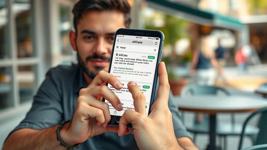 well-optimized affiliate links displayed on a mobile device, user-friendly responsive layout in urban cafe setting