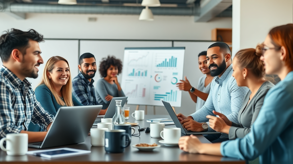 master affiliate profits affiliate program diverse online marketers collaborating in a modern workspace with digital charts and strategy discussions