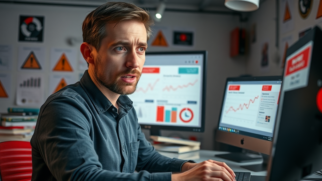 Cautious UK marketer reviewing digital analytics, analysing common digital marketing UK mistakes with warning signs