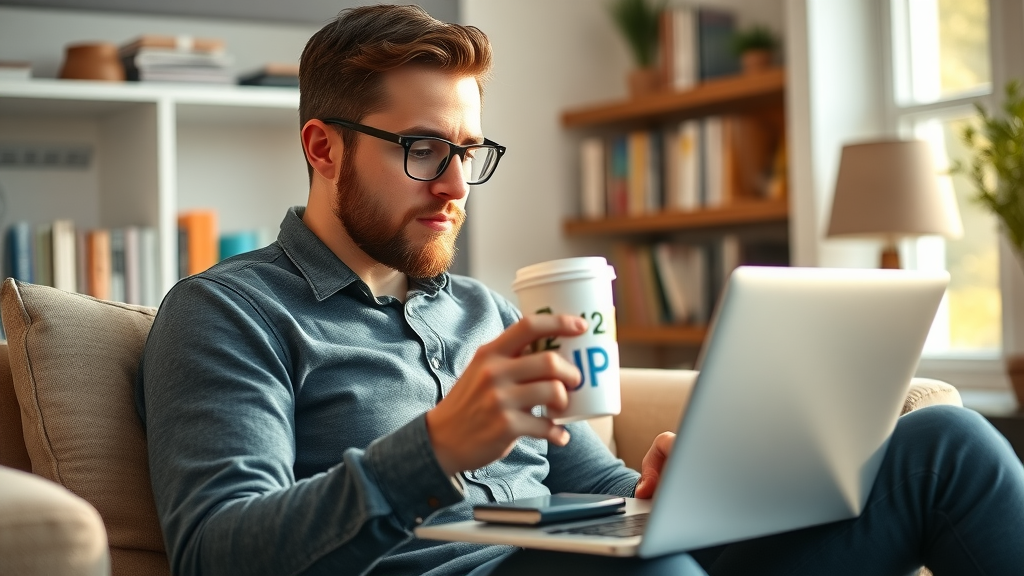 Curious marketer learning about master affiliate profits affiliate program, researching on laptop in a cozy study room