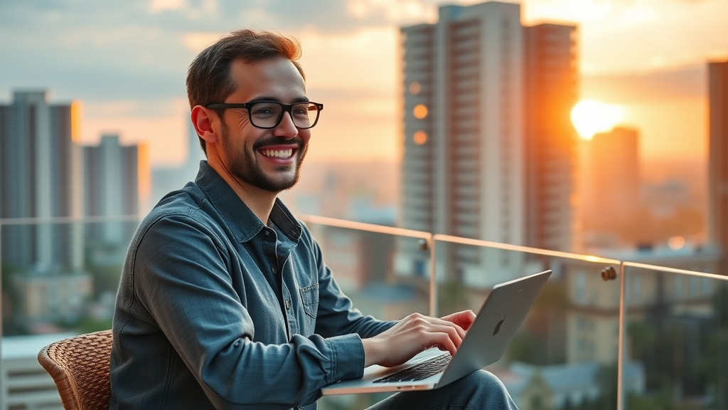 affiliate marketing for beginners: happy freelancer using laptop on balcony, city sunrise