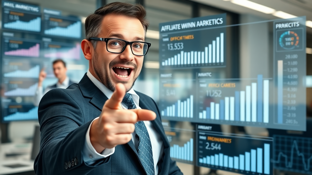 affiliate marketing statistics growth infographic, business professional excited about affiliate links optimization in a modern office