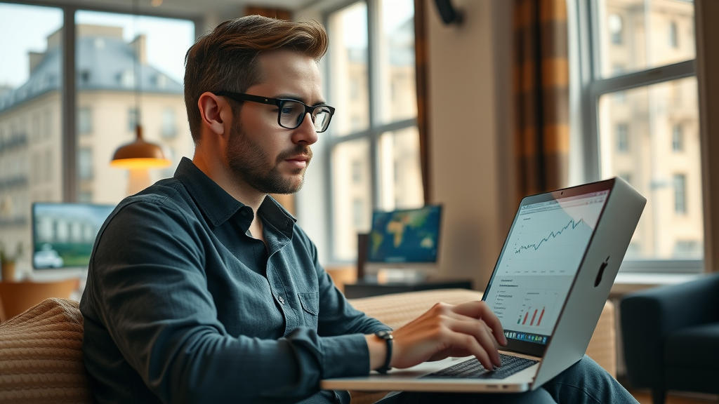 Modern digital marketer working remotely from a stylish London apartment, analysing digital marketing UK website analytics