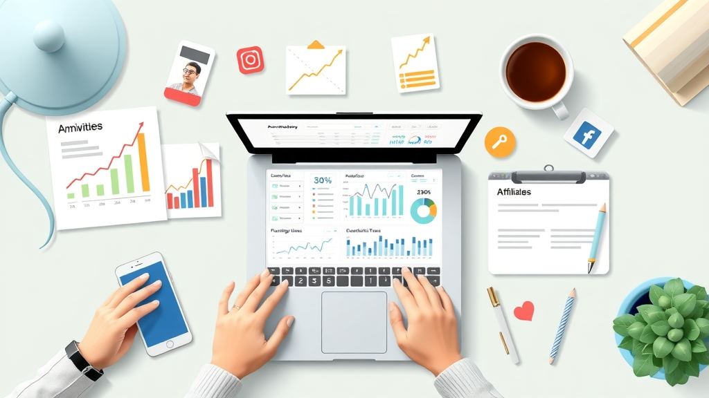 flat lay of essential affiliate marketing tools for blogs, affiliate network dashboards, SEO, email, social media, link tracking solutions