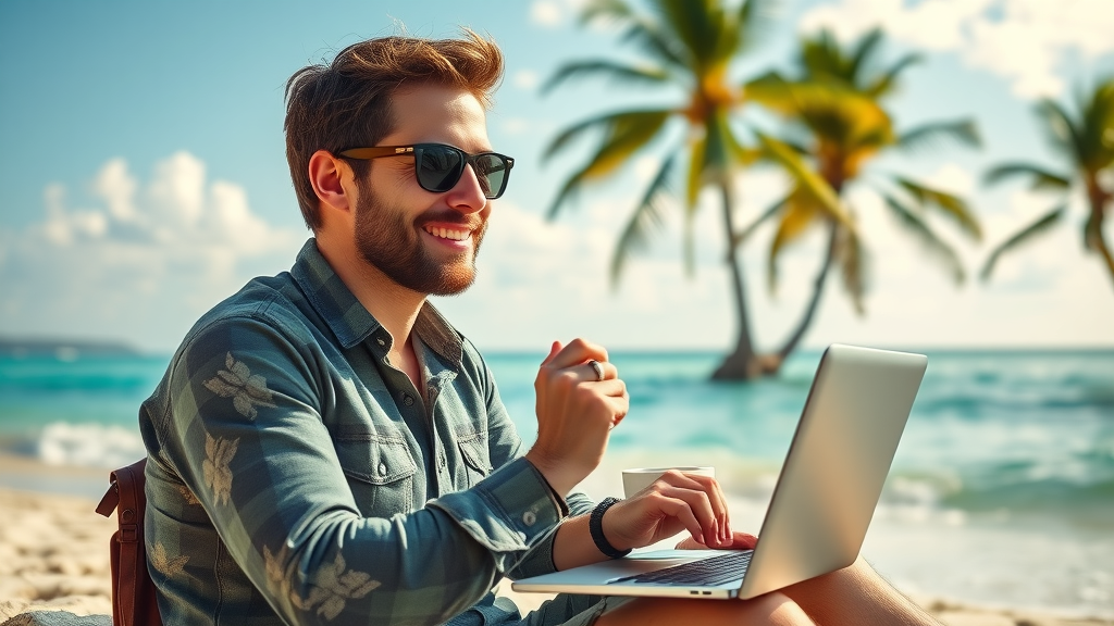 digital nomad reviewing affiliate earnings on a laptop at the beach