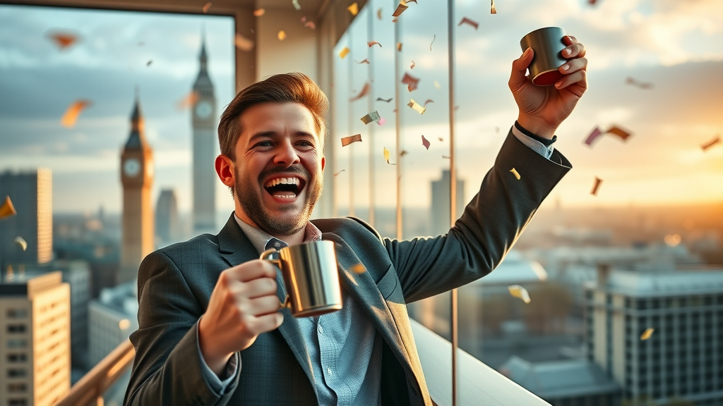 Inspiring UK business owner celebrating successful digital marketing UK campaign, coffee mug raised in victory, office balcony with London skyline