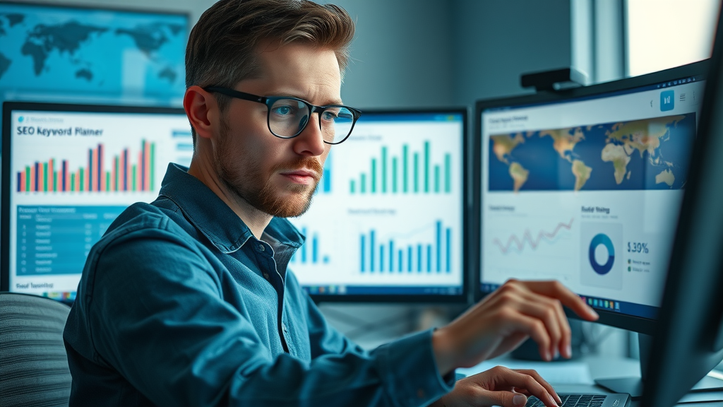 SEO for affiliate site: digital marketer using analytics and keyword planner tools