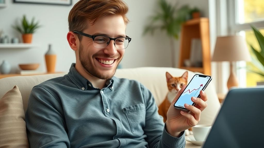 Happy UK freelancer working at home, checking affiliate digital marketing UK income on smartphone