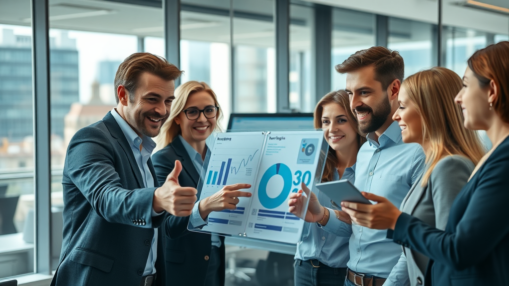 Dynamic business professionals brainstorming in a modern London office, collaborating on digital marketing UK charts