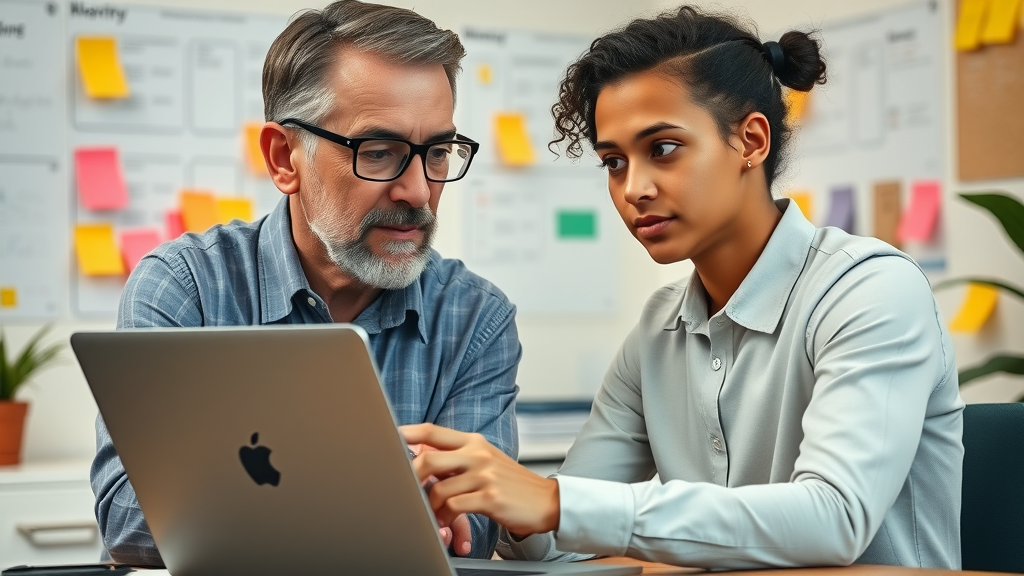 affiliate marketing mentorship: experienced mentor guiding beginner affiliate marketer at workspace