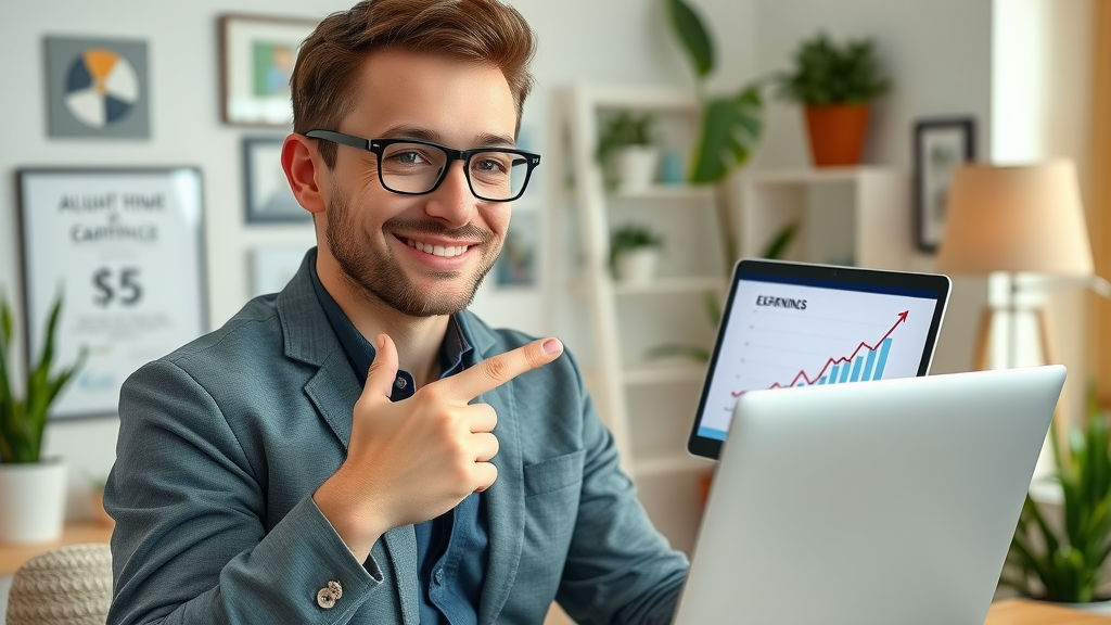 confident affiliate marketer presenting digital earnings, real world affiliate marketing blog success