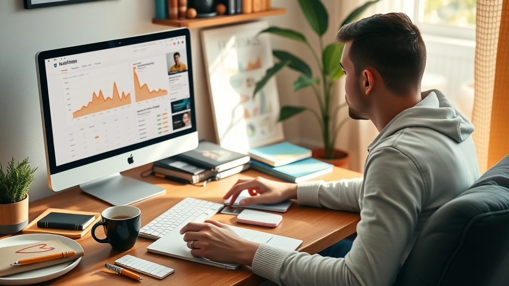 affiliate marketing for beginners: cozy home office workspace with analytics, coffee, notebooks, and sunlight