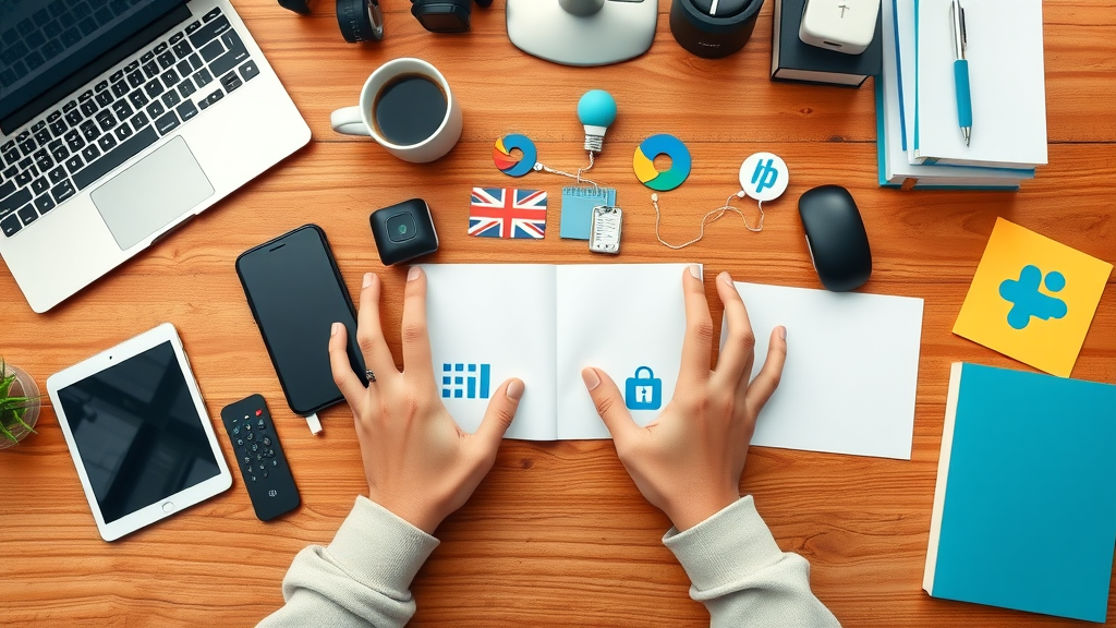 UK digital marketing tools for beginners—WordPress, Ahrefs, Canva, MailChimp, Hootsuite—arranged on a wooden desk