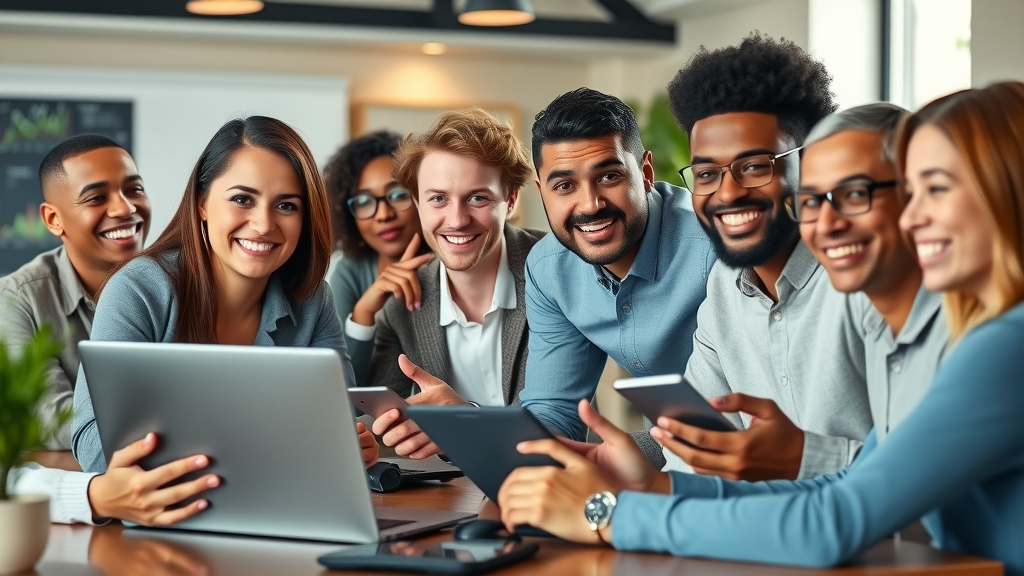 Diverse affiliate marketers collaborating on master affiliate profits affiliate program in a modern coworking space with digital screens and teamwork energy