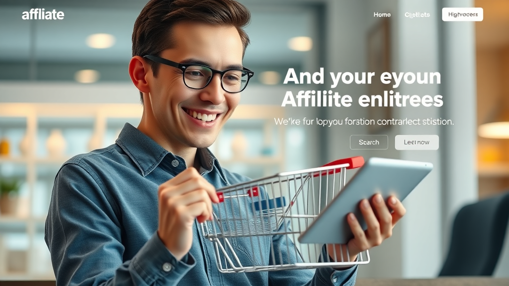 modern, clean landing page optimized for affiliate links, happy shopper browsing products on tablet