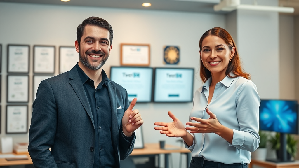 Omar Martin, Melinda Martin, John Thornhill founders of master affiliate profits affiliate program in a modern office with awards and digital marketing screens
