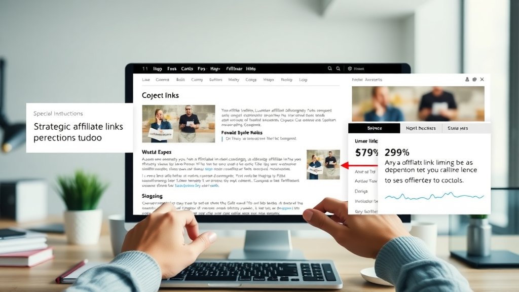 visual split of blog page showing strategic affiliate link placements: in-content, sidebar, banner, monetizing blogs with affiliate marketing