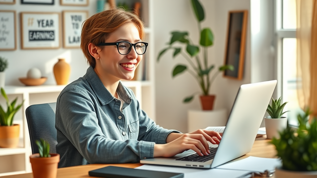 inspiring young blogger at home workspace, joyful expression, typing on laptop and checking earnings dashboard, monetizing blogs with affiliate marketing, sunny modern apartment with plants and warm decor