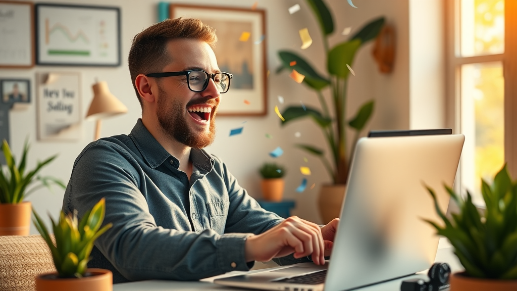 inspirational affiliate marketer celebrating a 200 percent revenue increase thanks to affiliate links optimization