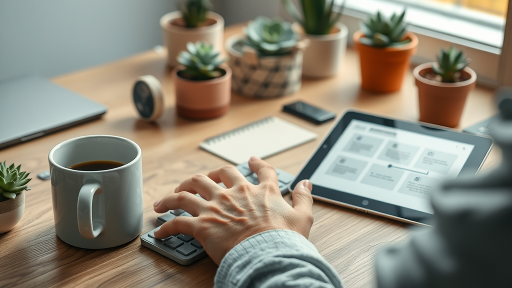 Modern affiliate marketer using email workflow tools, boosting master affiliate profits with advanced strategies on contemporary desk