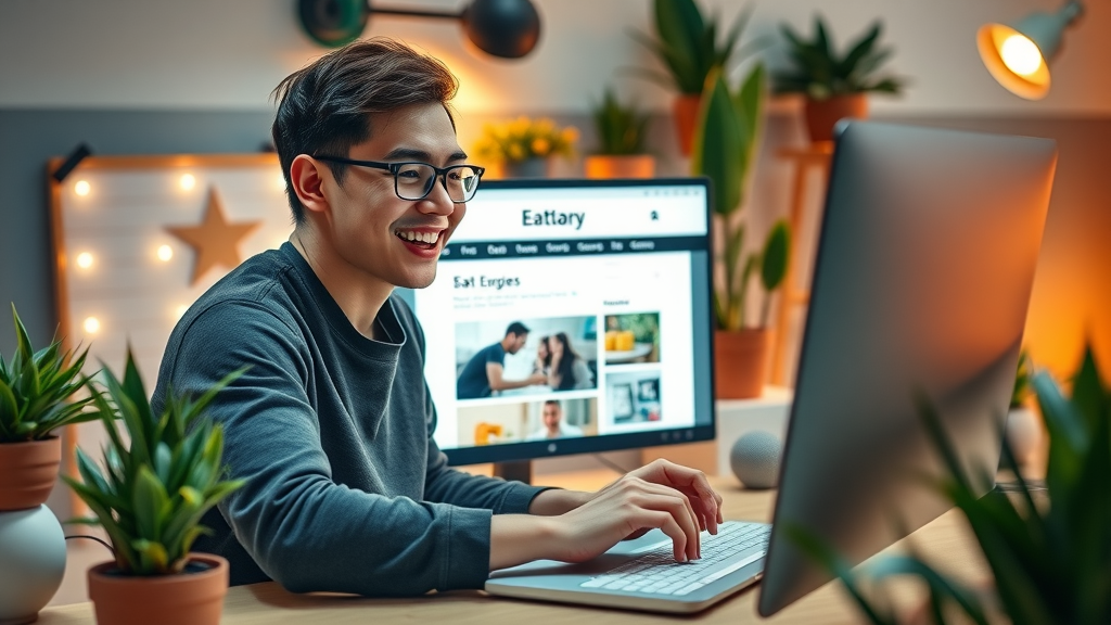 affiliate site setup: young content creator setting up blog homepage on trendy workspace