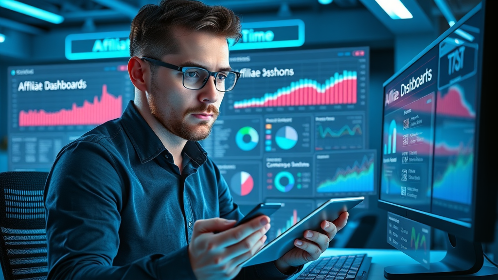 affiliate marketer tracking and scaling earning commissions online with multiple dashboards