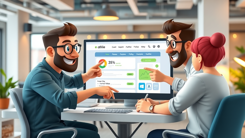 team collaborating on affiliate website, integrating optimized affiliate links for maximum conversion and revenue