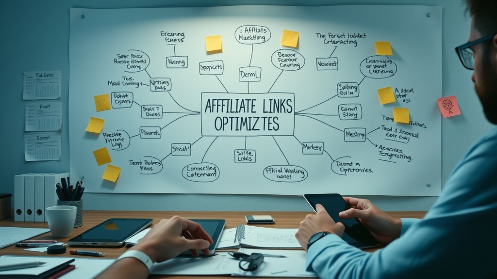 affiliate links optimization key concepts mind map, thoughtful marketer developing strategies in a workspace with digital tools