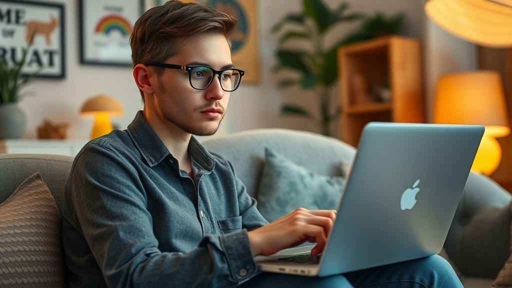 enthusiastic blogger browsing affiliate programs, best affiliate programs for blog monetization, cozy home setup