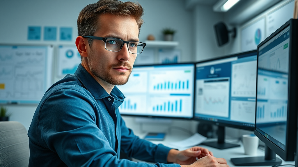 Digital marketer analyzing master affiliate profits affiliate program data charts on dual monitors for improved affiliate profits