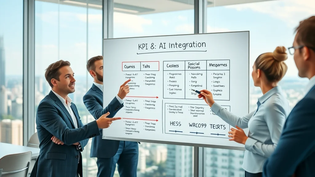 Business team at digital whiteboard outlining KPI goals and AI integration roadmap, glass-walled boardroom with cityscape in background.