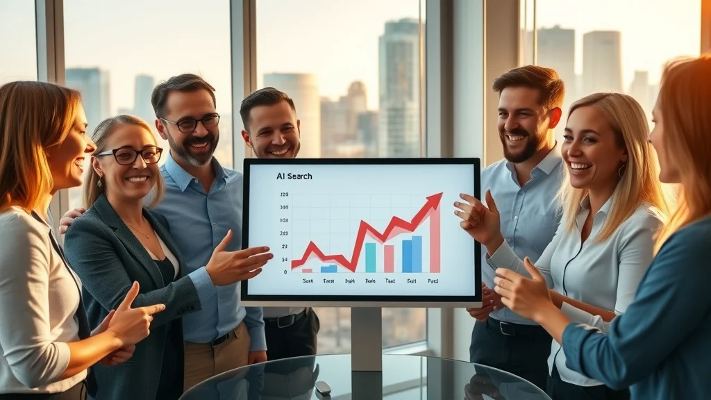 Business team celebrating improved AI search engine optimization metrics