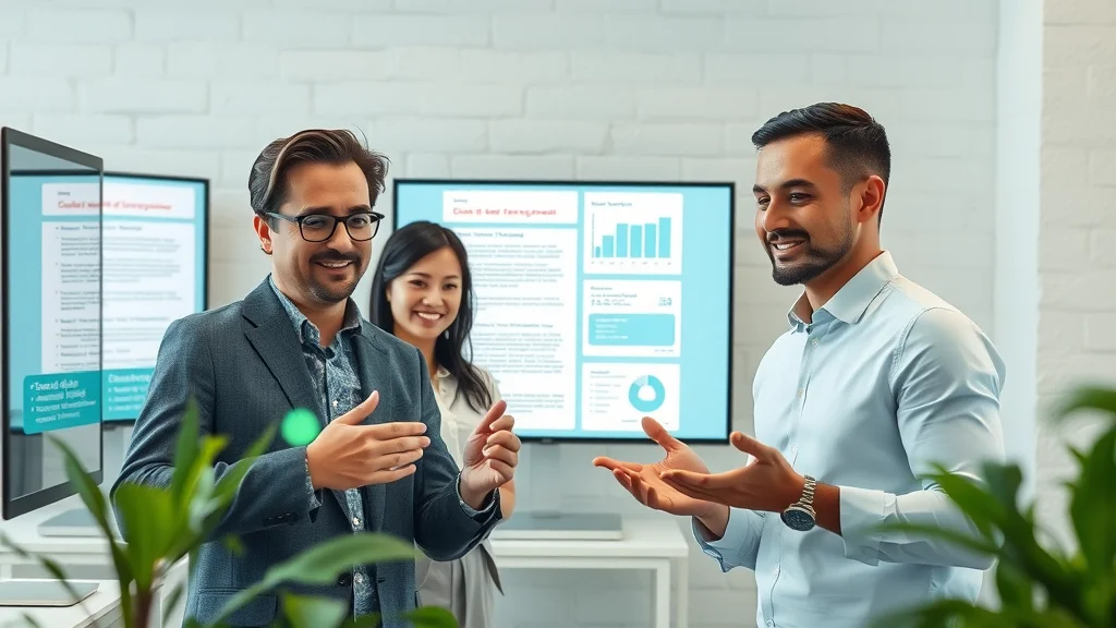 Creative workspace with screens displaying AI-generated structured data, highlighted snippets, professionals reviewing and improving content.