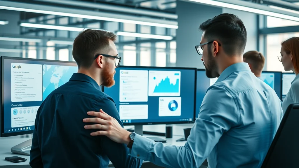 Modern digital workspace featuring multiple computer monitors displaying popular AI search interfaces like Google SGE, Bing AI, and ChatGPT, focused professionals collaborating in an open-plan tech office.