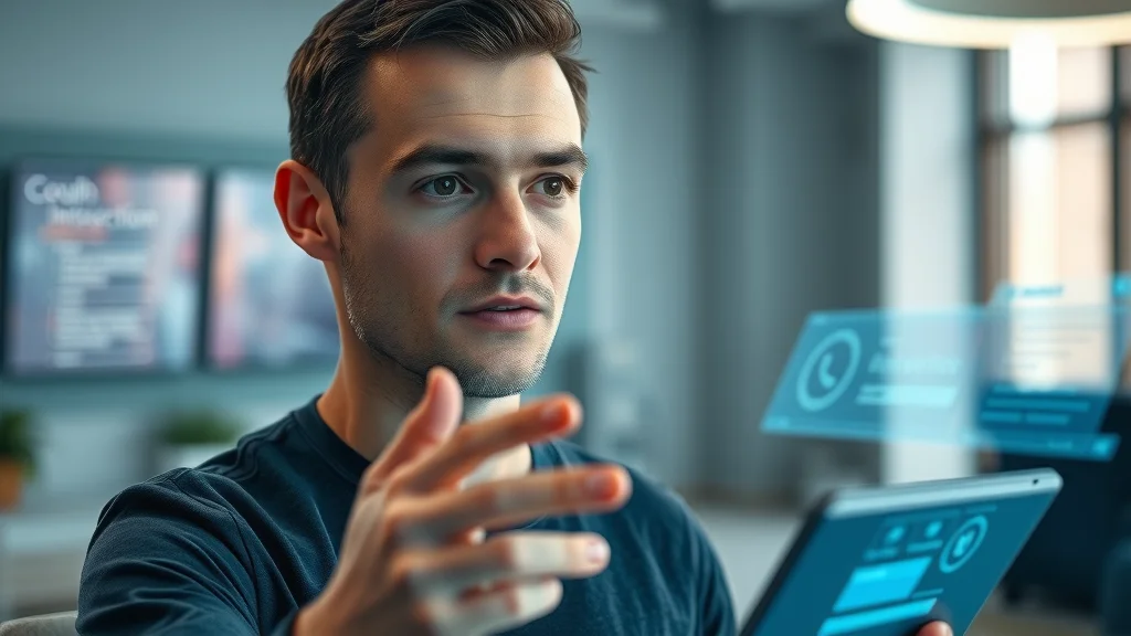 User engaging with a futuristic AI search interface, visualizing optimizing content for AI powered search engines results