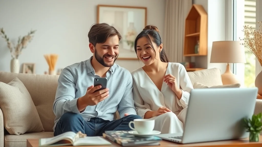 Elegant young couple using wedding planning concierge app together in cozy home with wedding magazines and quotes – wedding planning concierge app