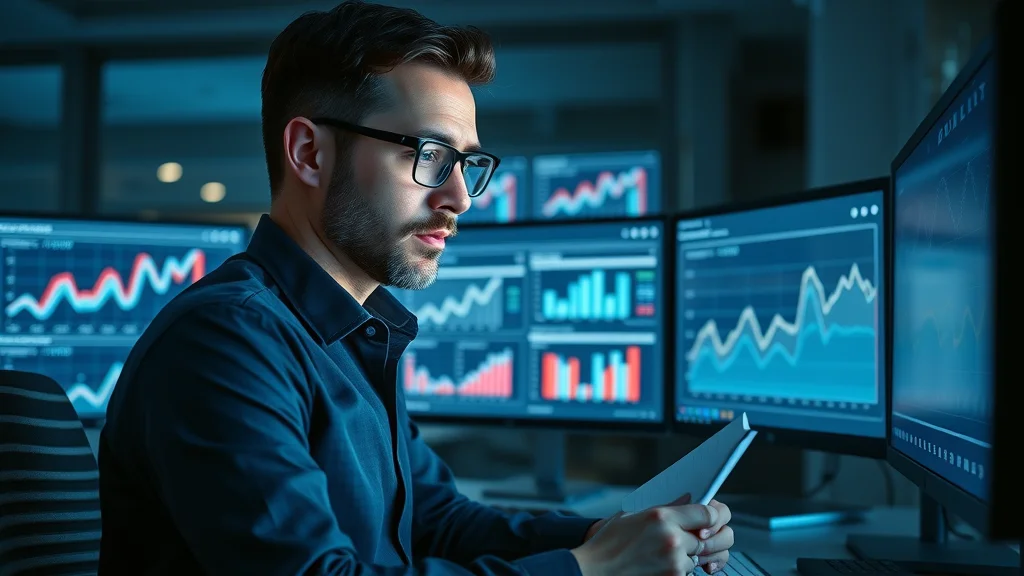 Professional monitoring advanced analytics dashboard showing AI-driven SERP and answer engine performance, high-contrast blue highlights from monitors.