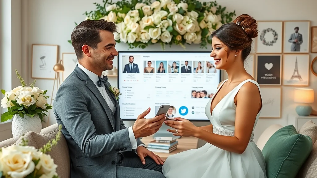 Modern bride and groom discussing wedding plan with digital assistant on wedding planning concierge app