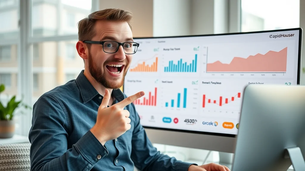 Ecommerce analytics dashboard with clear growth charts, cheerful business owner pointing at screen in a modern home office, Capid Houser branding present.